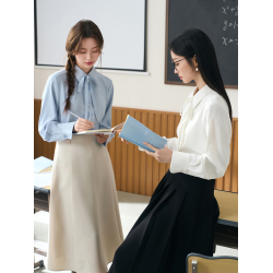 伯德小姐藍色襯衫女教師穿搭蝴蝶結襯衣職業面試復試正裝內搭上衣