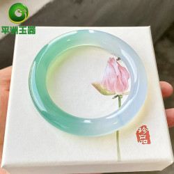 翡翠玉手鐲女款緬甸天然A貨高冰種飄綠翡翠手鐲半山半水白底青鐲