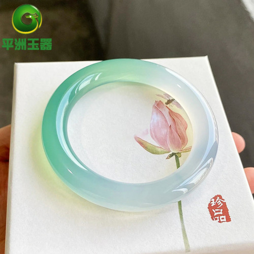 翡翠玉手鐲女款緬甸天然A貨高冰種飄綠翡翠手鐲半山半水白底青鐲