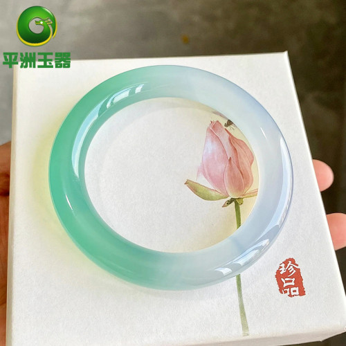 翡翠玉手鐲女款緬甸天然A貨高冰種飄綠翡翠手鐲半山半水白底青鐲