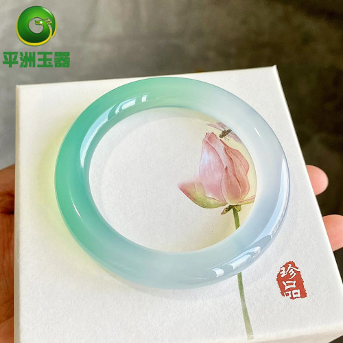翡翠玉手鐲女款緬甸天然A貨高冰種飄綠翡翠手鐲半山半水白底青鐲