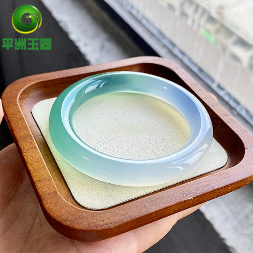 翡翠玉手鐲女款緬甸天然A貨高冰種飄綠翡翠手鐲半山半水白底青鐲