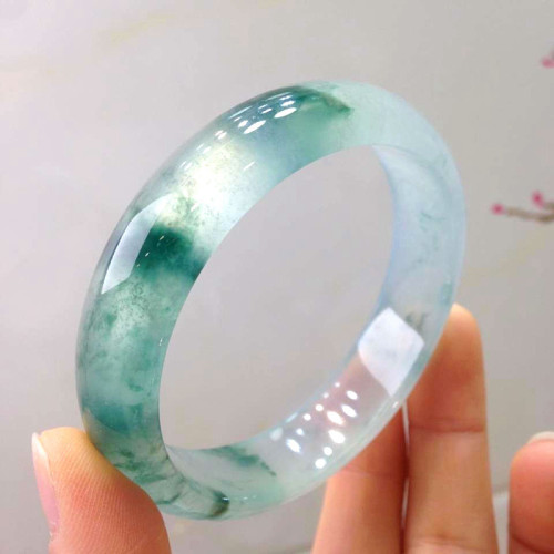 緬甸翡翠手鐲正圈玉手鐲老坑蘭花飄綠玉鐲子圓條吊墜女款通透飄花