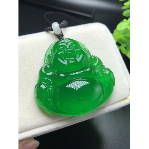玉彿冰種翡翠吊墜女滿綠笑彿玉墜玉吊墜觀音男款飄花翡翠彿公項鏈