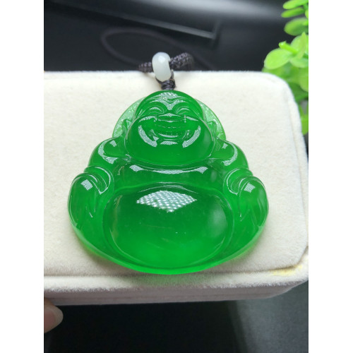 玉彿冰種翡翠吊墜女滿綠笑彿玉墜玉吊墜觀音男款飄花翡翠彿公項鏈