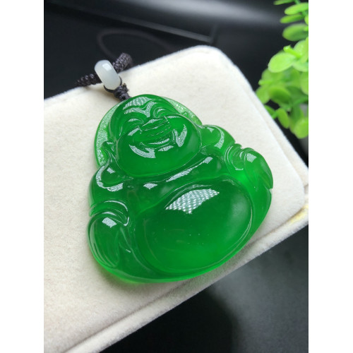 玉彿冰種翡翠吊墜女滿綠笑彿玉墜玉吊墜觀音男款飄花翡翠彿公項鏈