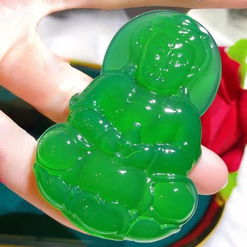 天然緬甸翡翠高冰正陽綠翡翠觀音菩薩吊墜掛件男款帝王綠觀音送禮