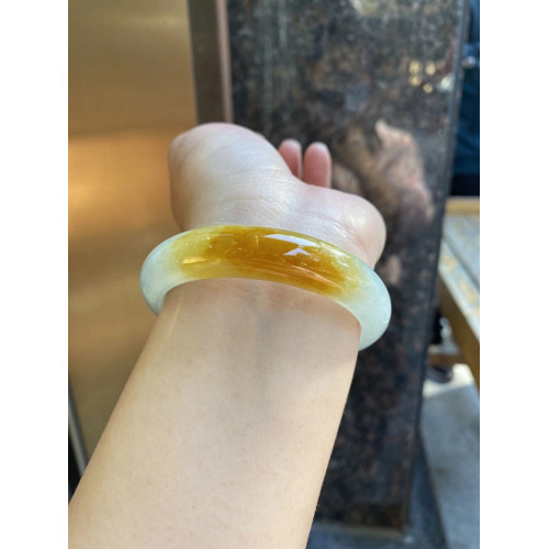 蜜糖黃翡翠手鐲半山半水玉手鐲玉鐲冰種天然貴妃鐲老坑翡翠雞油黃