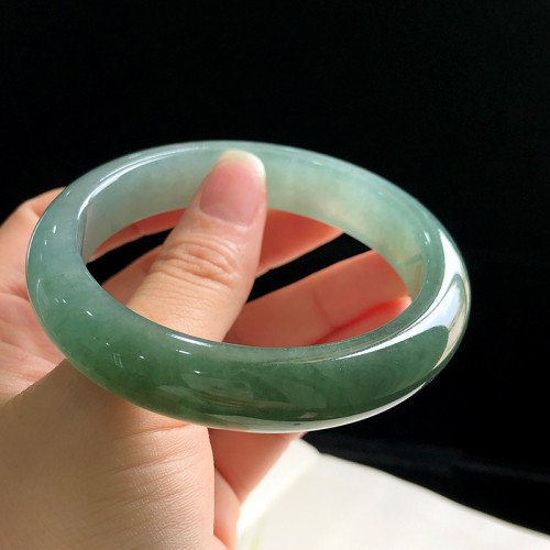 天然緬甸翡翠冰糯種油青飄花玉正圈手鐲玉石老坑女士綠晴鐲子送禮