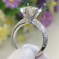 18k白金正品莫桑石戒指D色女1克拉倣真鑽戒婚戒經典六爪鉑金