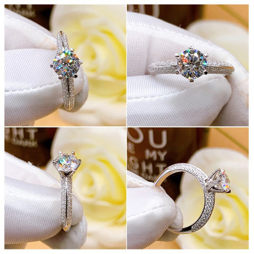 時尚D色莫桑石莫桑鑽戒女銀1一2克拉倣真鑽石金情侶結婚對戒指潮