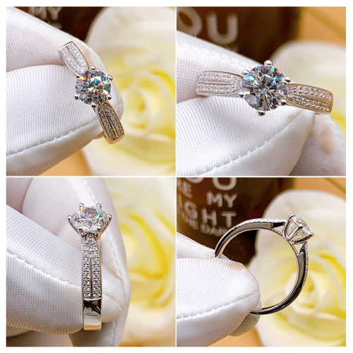 時尚D色莫桑石莫桑鑽戒女銀1一2克拉倣真鑽石金情侶結婚對戒指潮