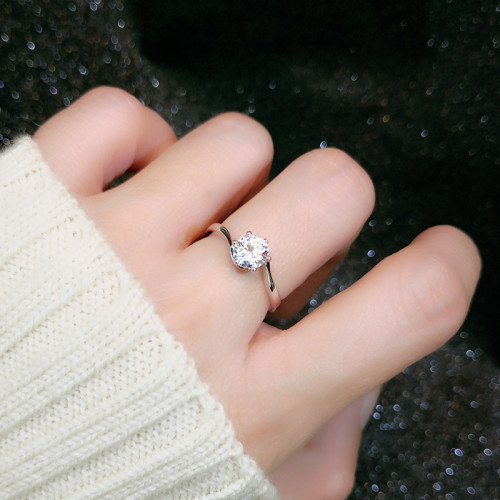 倣真鑽石戒指女小衆簡約潮克拉六爪合金鋯石倣莫桑石求婚結婚指環