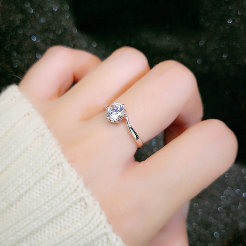 倣真鑽石戒指女小衆簡約潮克拉六爪合金鋯石倣莫桑石求婚結婚指環