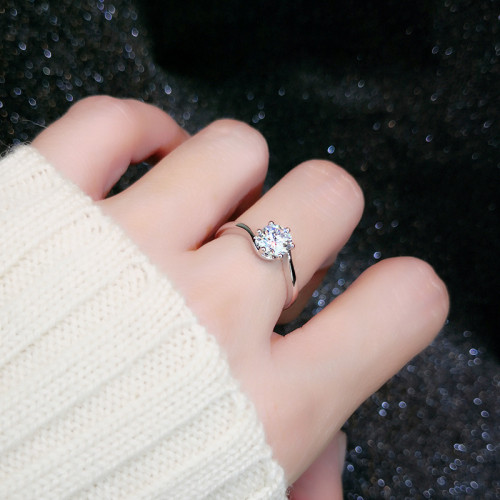 倣真鑽石戒指女小衆簡約潮克拉六爪合金鋯石倣莫桑石求婚結婚指環