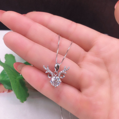 純銀白金天然一鹿有你莫桑石吊墜1克拉莫桑鑽鎖骨項鏈新女款送禮