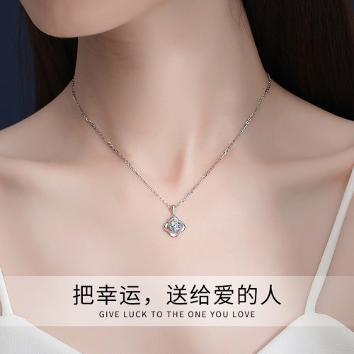 PT950鉑金四葉草項鏈女鎖骨鏈莫桑鑽項鏈女時尚貝母吊墜女友禮物