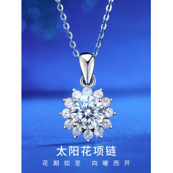 銀白金莫桑鑽項鏈女款太陽花吊墜滿鑽雪花鎖骨鏈莫桑石生日送禮物