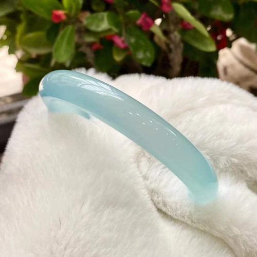 新款翡翠手鐲海藍時見鯨冰川藍小胖圓條手鐲女生清新小衆玉鐲手飾