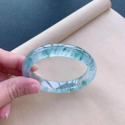 緬甸翡翠冰種絮狀飄花手鐲緬甸a貨蘭花山水飄花復古翡翠鐲子玉鐲