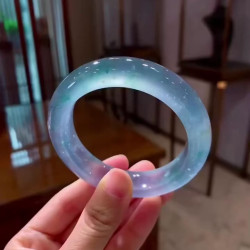 天然緬甸老坑翡翠玉手鐲子圓條七彩冰透飄花玻璃種藍水晴水正圈鐲