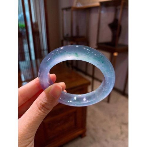 天然緬甸老坑翡翠玉手鐲子圓條七彩冰透飄花玻璃種藍水晴水正圈鐲