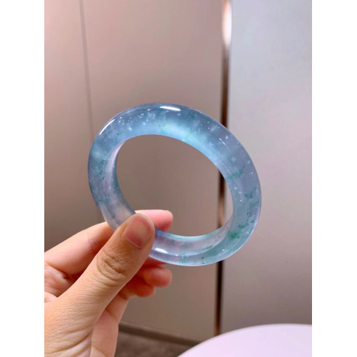 天然緬甸老坑翡翠玉手鐲子圓條七彩冰透飄花玻璃種藍水晴水正圈鐲