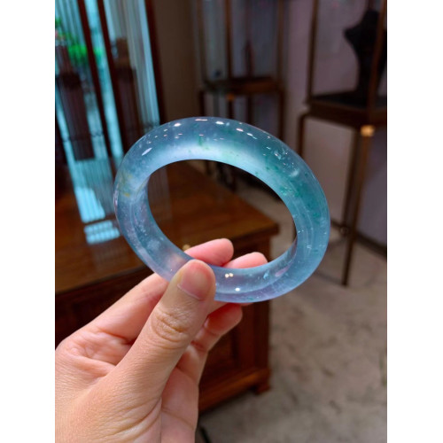 天然緬甸老坑翡翠玉手鐲子圓條七彩冰透飄花玻璃種藍水晴水正圈鐲