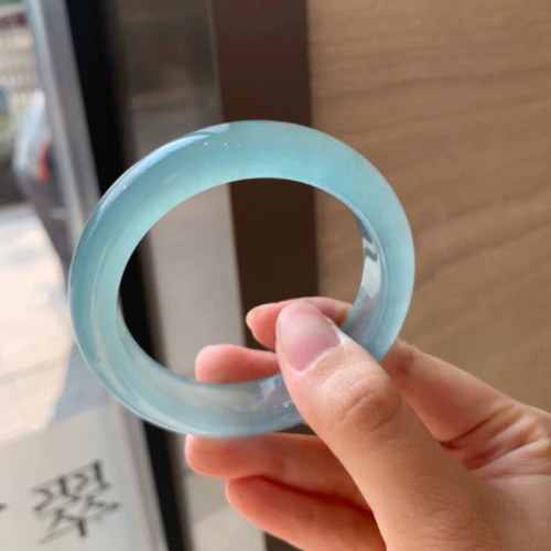 藍水天然冰種海藍寶玉鐲晴水底天青凍鐲子天空藍岫天空翡翠玉手鐲