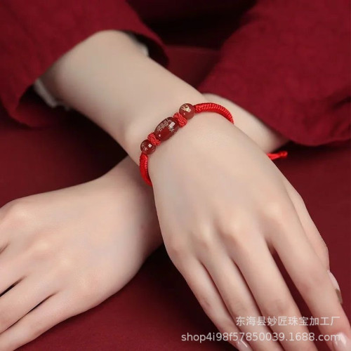 批髮天然十二生肖兔年本命年紅瑪瑙紅手繩手鏈手工編織男女紅手鐲