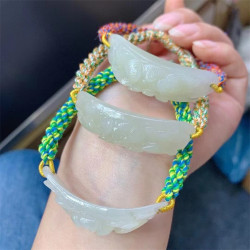 永韻 批髮天然和田玉富貴牡丹花手牌手鏈 手工編織手繩復古女禮物