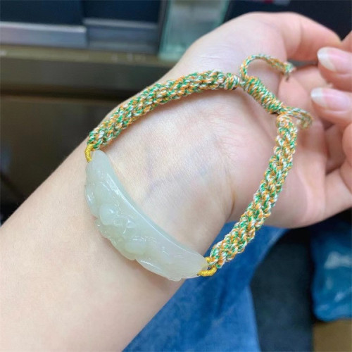 永韻 批髮天然和田玉富貴牡丹花手牌手鏈 手工編織手繩復古女禮物