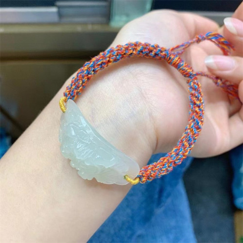 永韻 批髮天然和田玉富貴牡丹花手牌手鏈 手工編織手繩復古女禮物