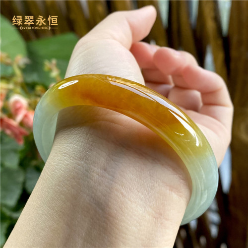 天然緬甸老坑翡翠手鐲女款黃翡正圈細糯翡翠手鐲玉鐲子冰糯種玉鐲