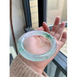 天然翡翠緬甸老坑翡翠手鐲少女款高冰透滿陽綠色飄花圓條女款鐲子