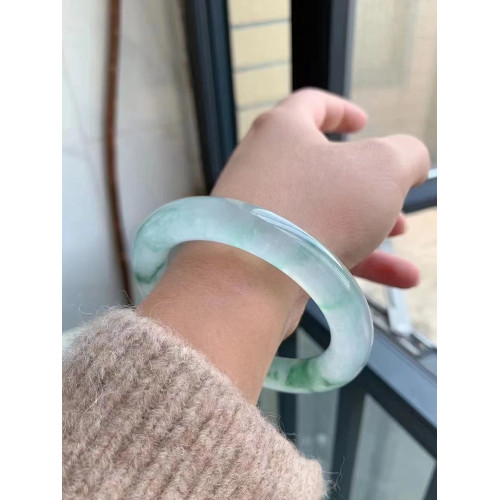 天然翡翠緬甸老坑翡翠手鐲少女款高冰透滿陽綠色飄花圓條女款鐲子