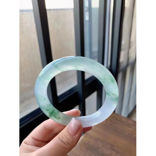 天然翡翠緬甸老坑翡翠手鐲少女款高冰透滿陽綠色飄花圓條女款鐲子