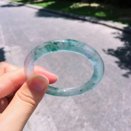 翡翠冰種手鐲玉鐲玉手鐲子飄花圓條貴妃鐲玻璃種陽綠天然正品女款