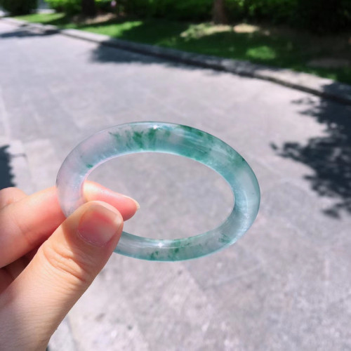 翡翠冰種手鐲玉鐲玉手鐲子飄花圓條貴妃鐲玻璃種陽綠天然正品女款