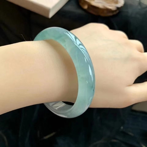 A貨天然緬甸翡翠手鐲冰種藍水玉手鐲通透高冰玉鐲子真品高端送禮