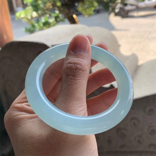 冰種翡翠手鐲女圓條天然緬甸翡翠玉手鐲女款淺藍鐲子正品翡翠手鐲
