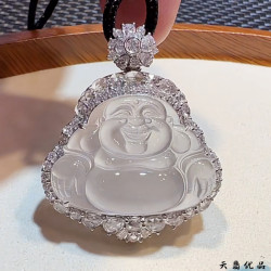 翡翠吊墜笑玉彿公冰種翡翠白冰玉彿白月光大肚彿吊墜男女款掛件送