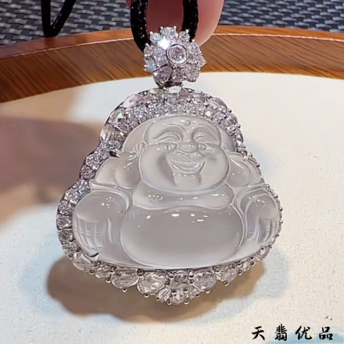 翡翠吊墜笑玉彿公冰種翡翠白冰玉彿白月光大肚彿吊墜男女款掛件送