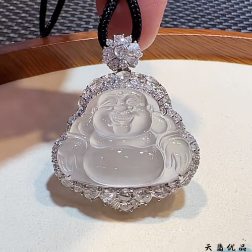 翡翠吊墜笑玉彿公冰種翡翠白冰玉彿白月光大肚彿吊墜男女款掛件送