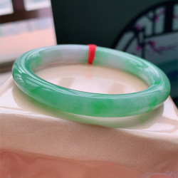 天然緬甸老坑冰糯種翡翠玉手鐲女款陽綠圓條翡翠手鐲底子細膩時尚