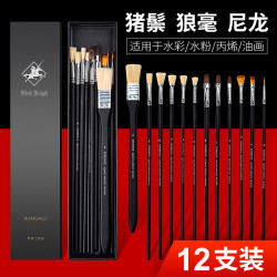 黑騎士水粉筆盒裝美術專用豬鬃扇形狼毫油畫丙烯木質水彩顔料畫筆