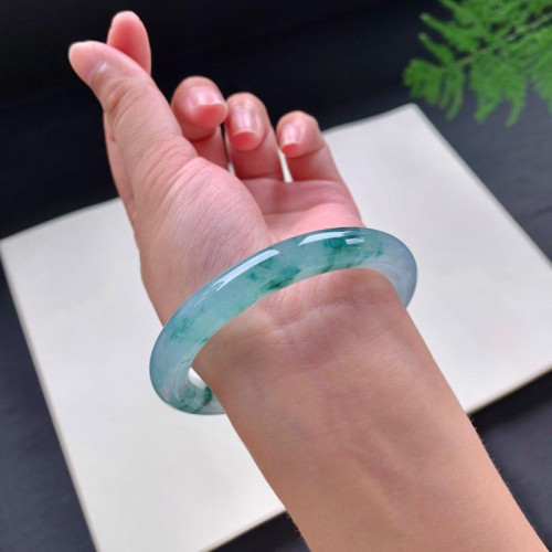 天然緬甸老坑a貨翡翠手鐲女款冰種飄花圓條福鐲子翡翠玉手鐲送禮