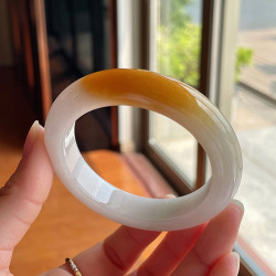 天然冰種翡翠手鐲緬甸老坑女款黃翡玉鐲白底飄花正圈水潤鐲子高端