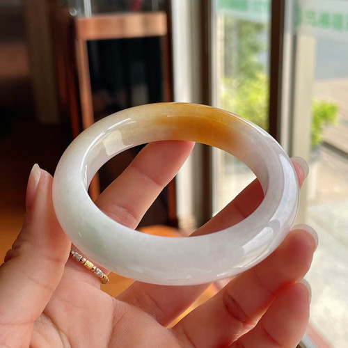 天然冰種翡翠手鐲緬甸老坑女款黃翡玉鐲白底飄花正圈水潤鐲子高端