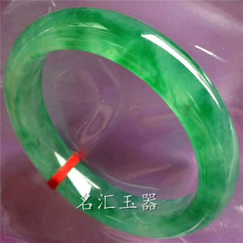 緬甸老坑翡翠手鐲糯米冰種陽綠飄花色手鐲寬版玉鐲子水潤透綠玉石
